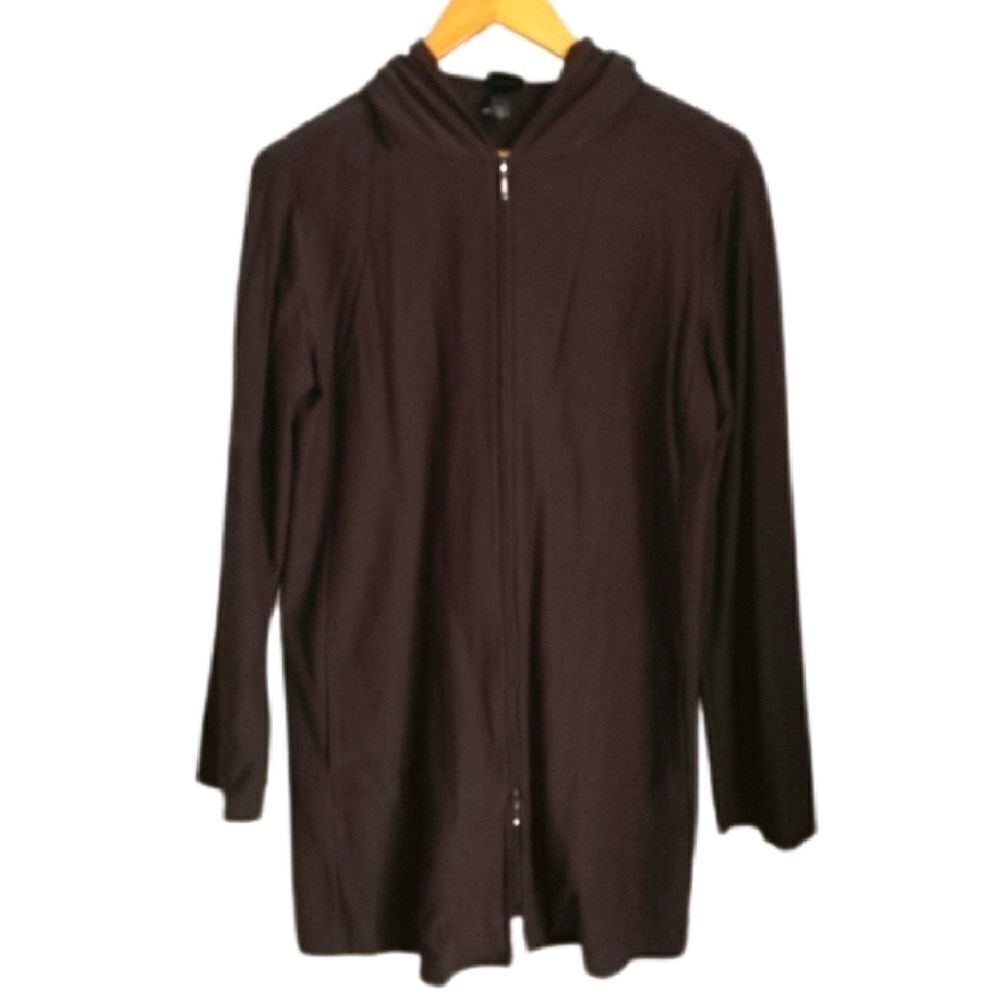 Eileen FISCHER Dark Chocolate LagenlookZipper Front Long Cardigan / Blazer Small